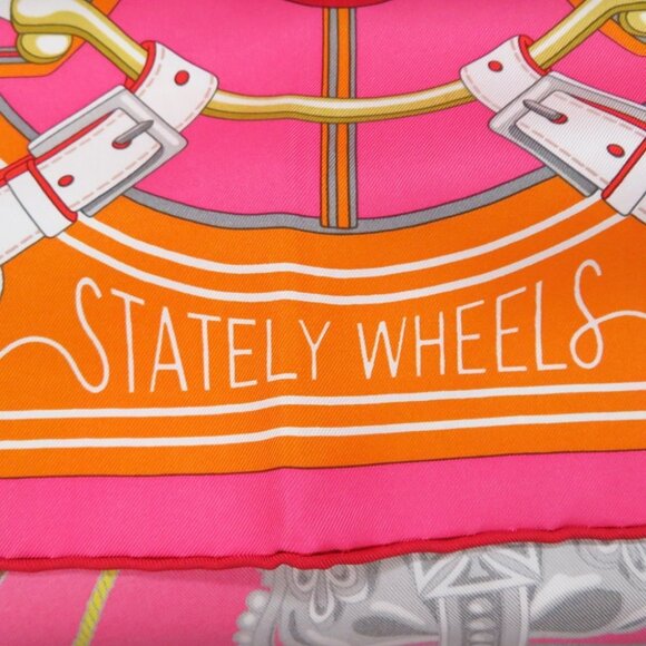 HERMES Carre Stately Wheels Size 90 Silk100% Rose vif/Rouge/Orange - Picture 2 of 5